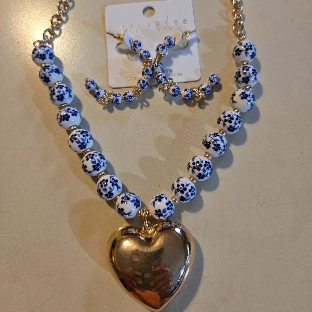 Blue/ white, gold ETE bead necklace with heart charm & coordinating hoops
